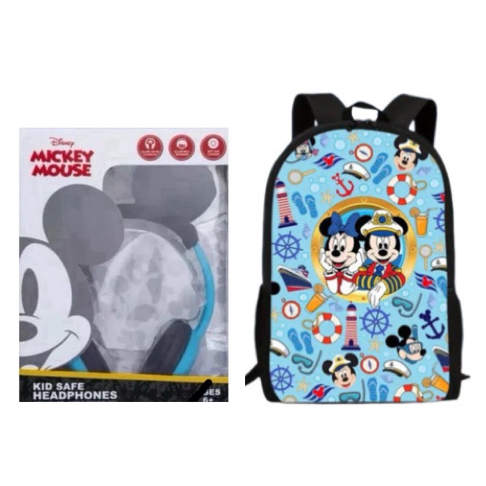 New 2pc Disney Mickey Mouse Headphones With Ears & Large Capacity Backpack