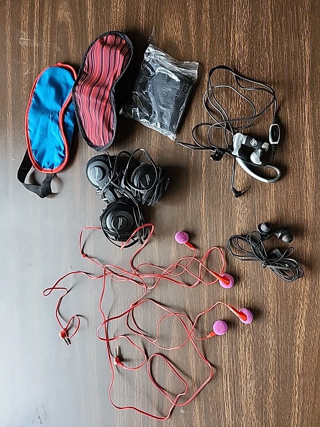 6 Sets Of Airline Ear Phone Jacks, One With Microphone. 3 Eye Covers