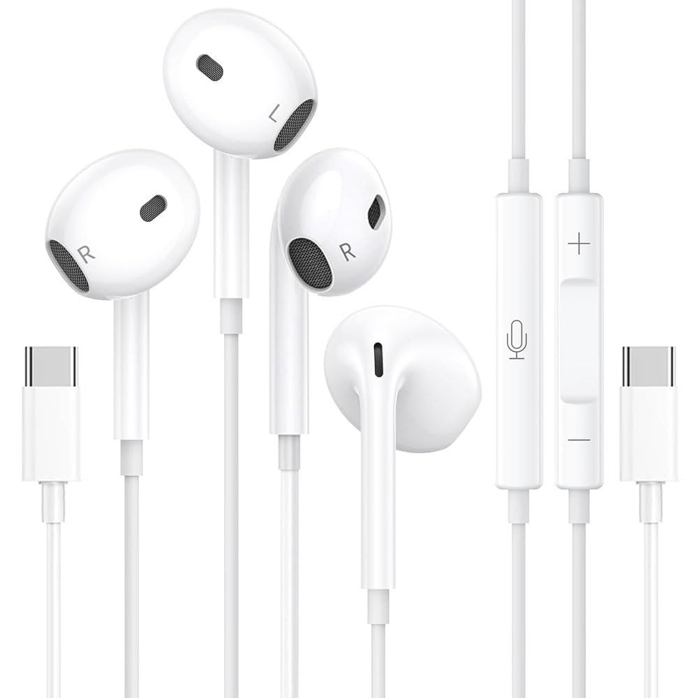 2 Packs USB C Headphones for iPhone 17 16 15 Pro Max, Type C Earphones White