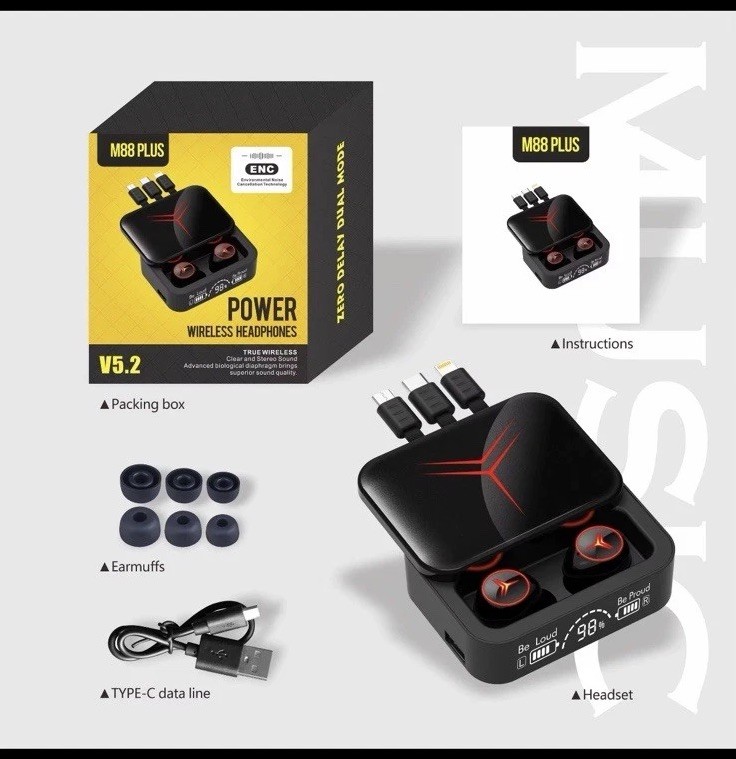 M88 Plus ENC Wireless Headphones w/3 in 1 Charging & Charging Case