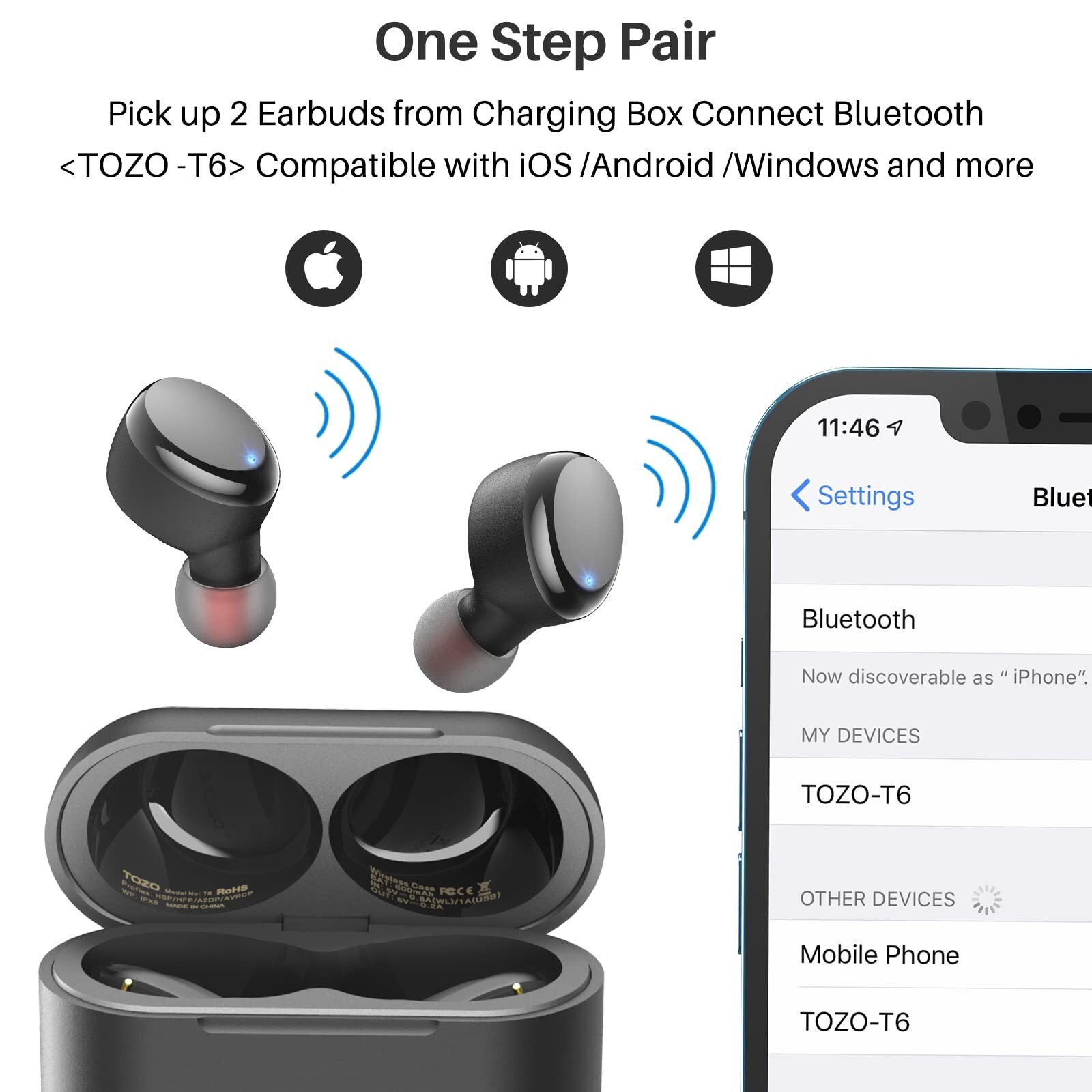 TOZO T6 Bluetooth Wireless Earbuds IPX8 Waterproof 45 Battery w/ Charger Case