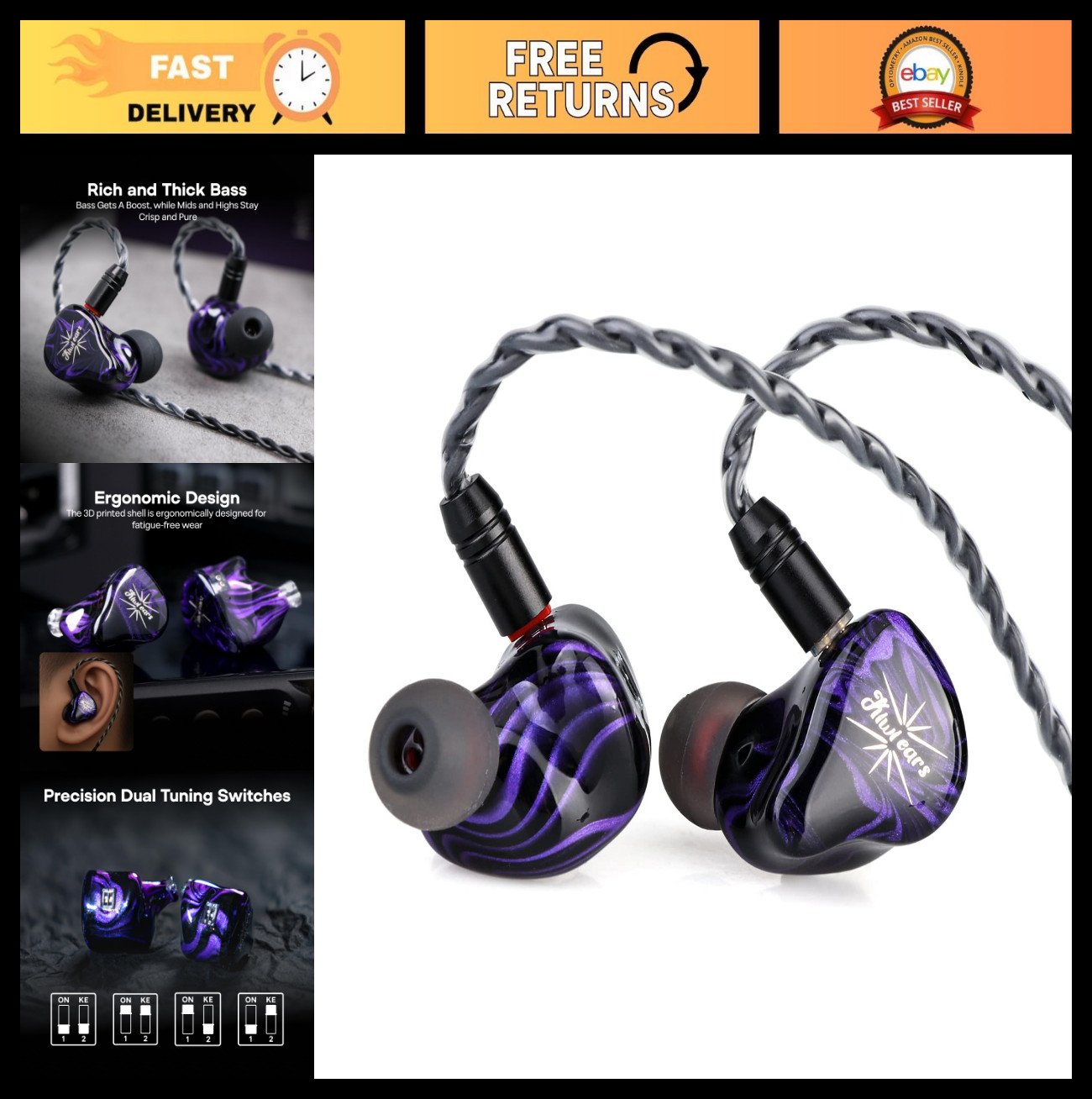 Hybrid In-Ear Monitors 2DD+2BA, HiFi Audiophile Earphones, Detachable Cable, Res