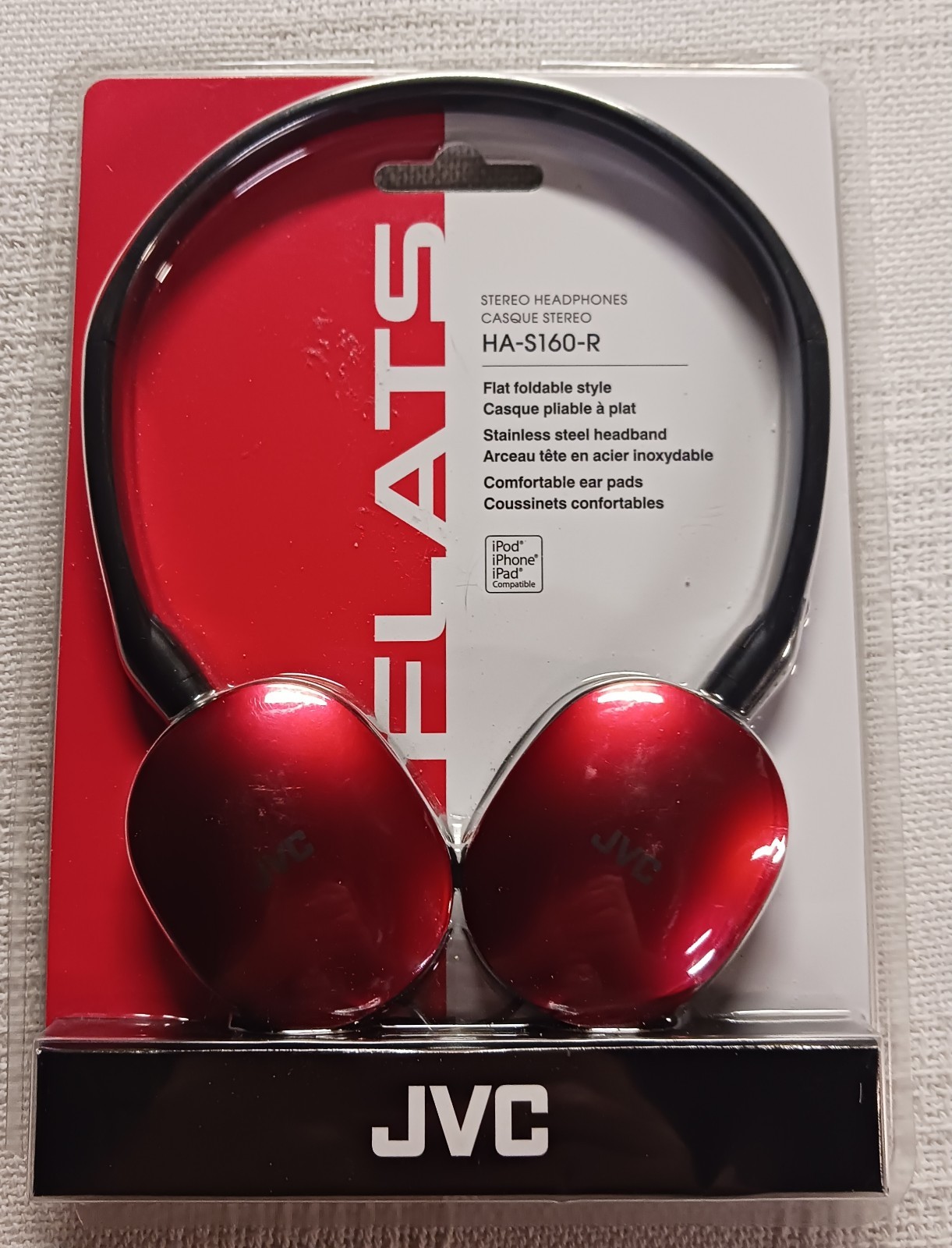 JVC HA-S160-R Red On-Ear Headphones Wired Flat Foldable Lightweight NEW
