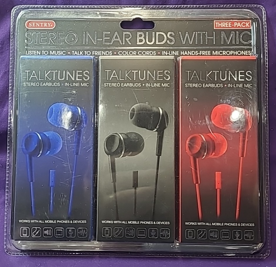 Sentry 3 Pack Flat-Cord Tangle Free Earbuds W/Mic – Red Gray Blue – HM115PK New