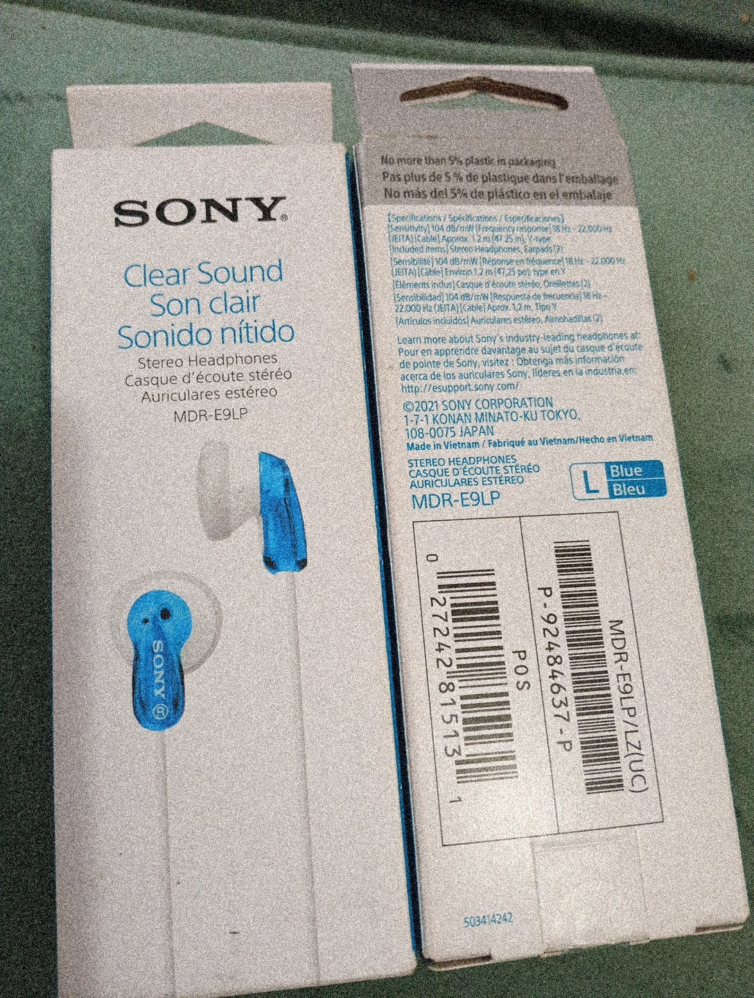 Set Of 2 Sony MDRE9LP Earbud Headphones – Clear Sound – Blue