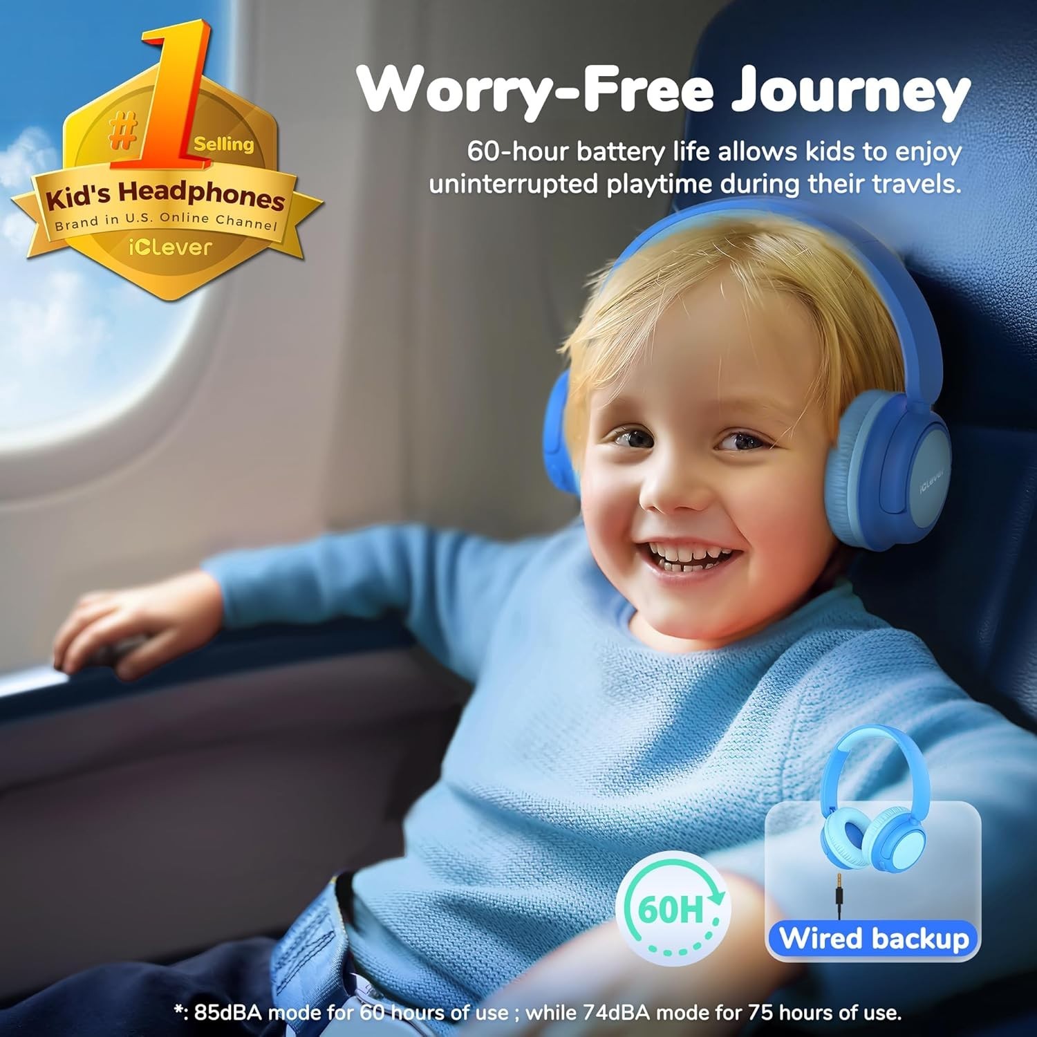 iClever BTH22 Kids Bluetooth Headphones, for iPad/Tablet/Travel/School, Blue