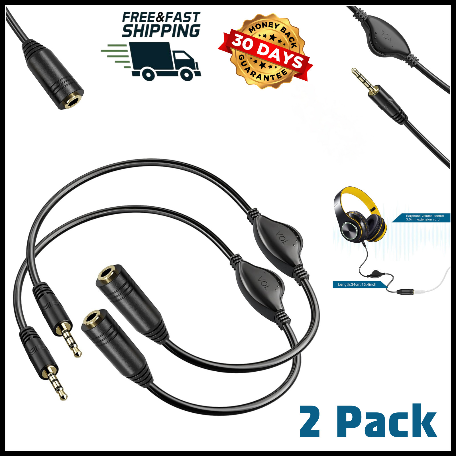 2pcs Inline Volume Sound Control Adapter Cable Aux Extension For 3.5MM Headphone