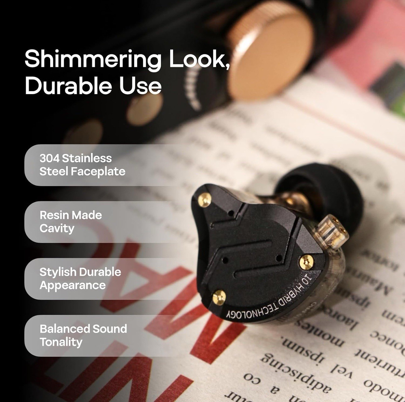 Linsoul KZ ZS10 Pro, 4BA+1DD 5 Driver in Ear Monitor, HiFi With Mic, Black
