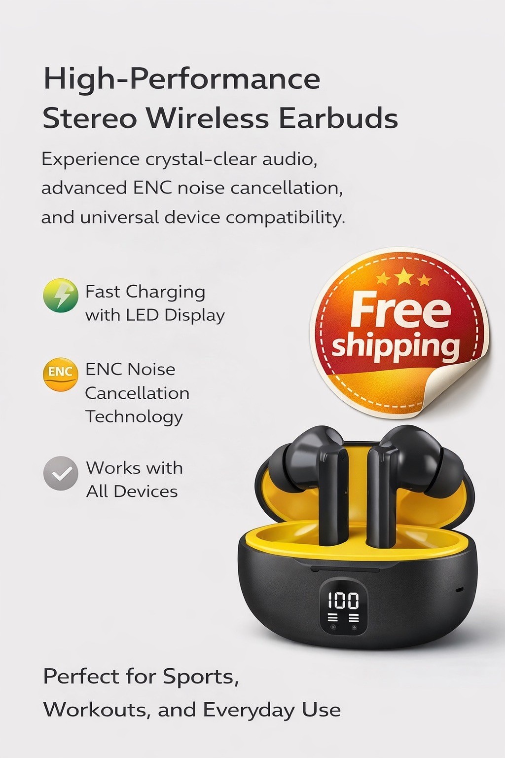 Stereo Wireless Earbuds ENC Noise Cancellation Fast Charging LED Bluetooth