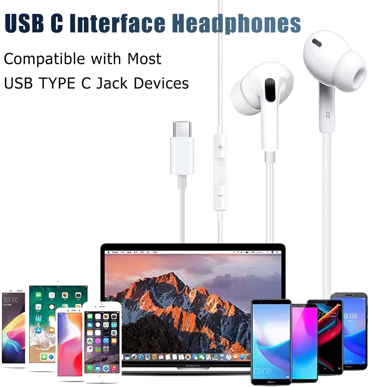 2 Pack In-Ear Headphones USB-C Earbuds for iPhone 15 Pro Max /Galaxy S24 S23 S22
