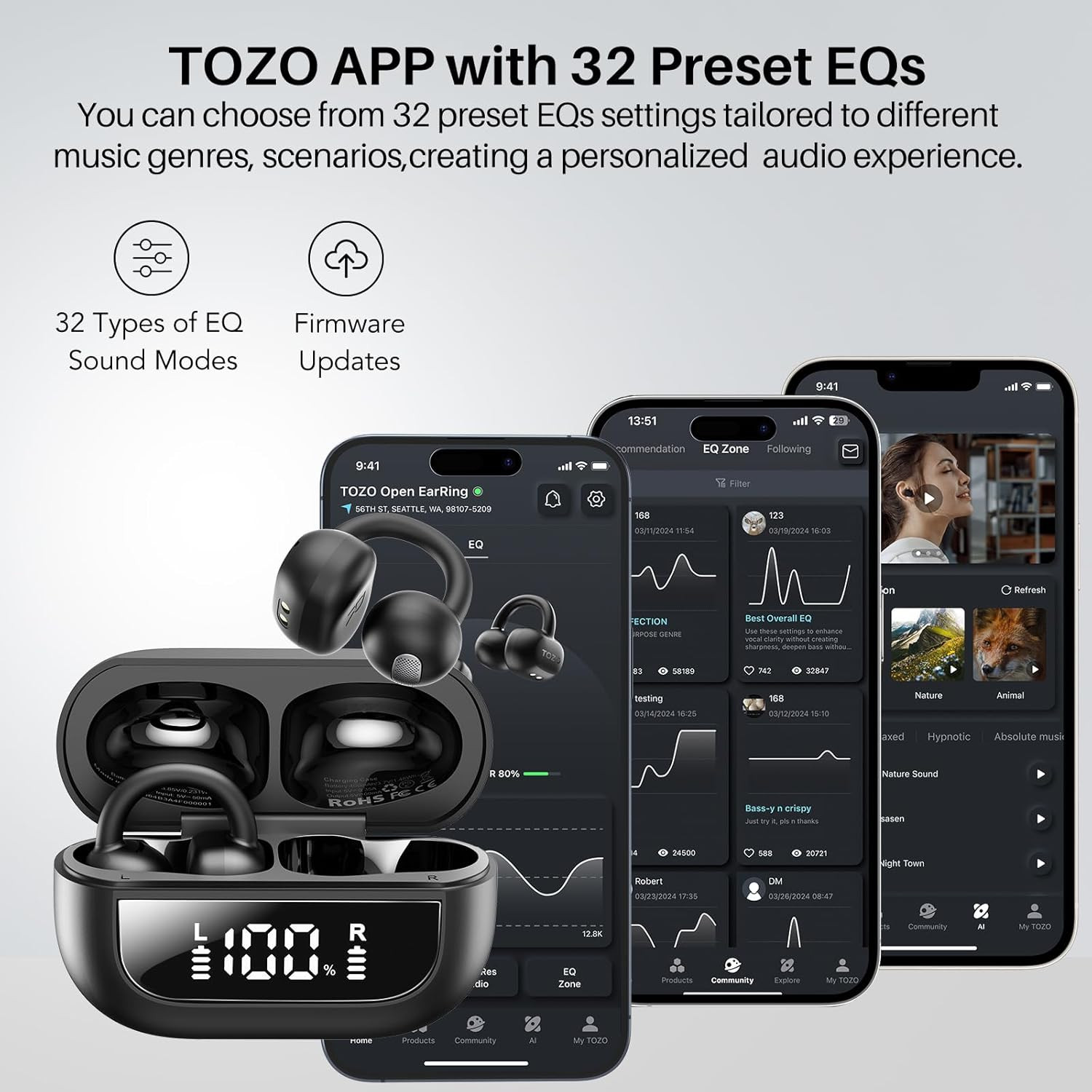 OpenEarRing Bluetooth 5.4 Wireless Earbuds with LED Display and Secure Fit