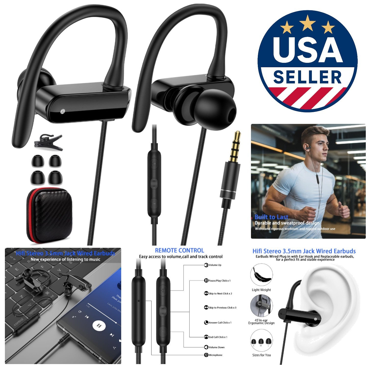 Wired Over-Ear Sports Earbuds with Microphone & Noise Cancellation – Black