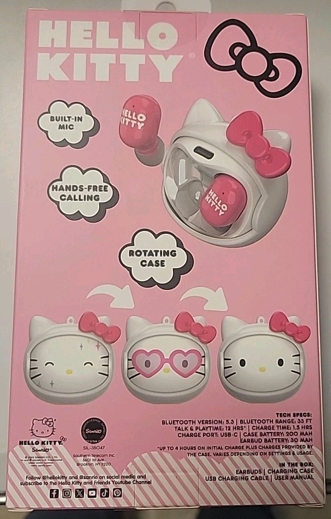 Sanrio Hello Kitty Wireless Earbuds Bluetooth Rotating Face Charging Case