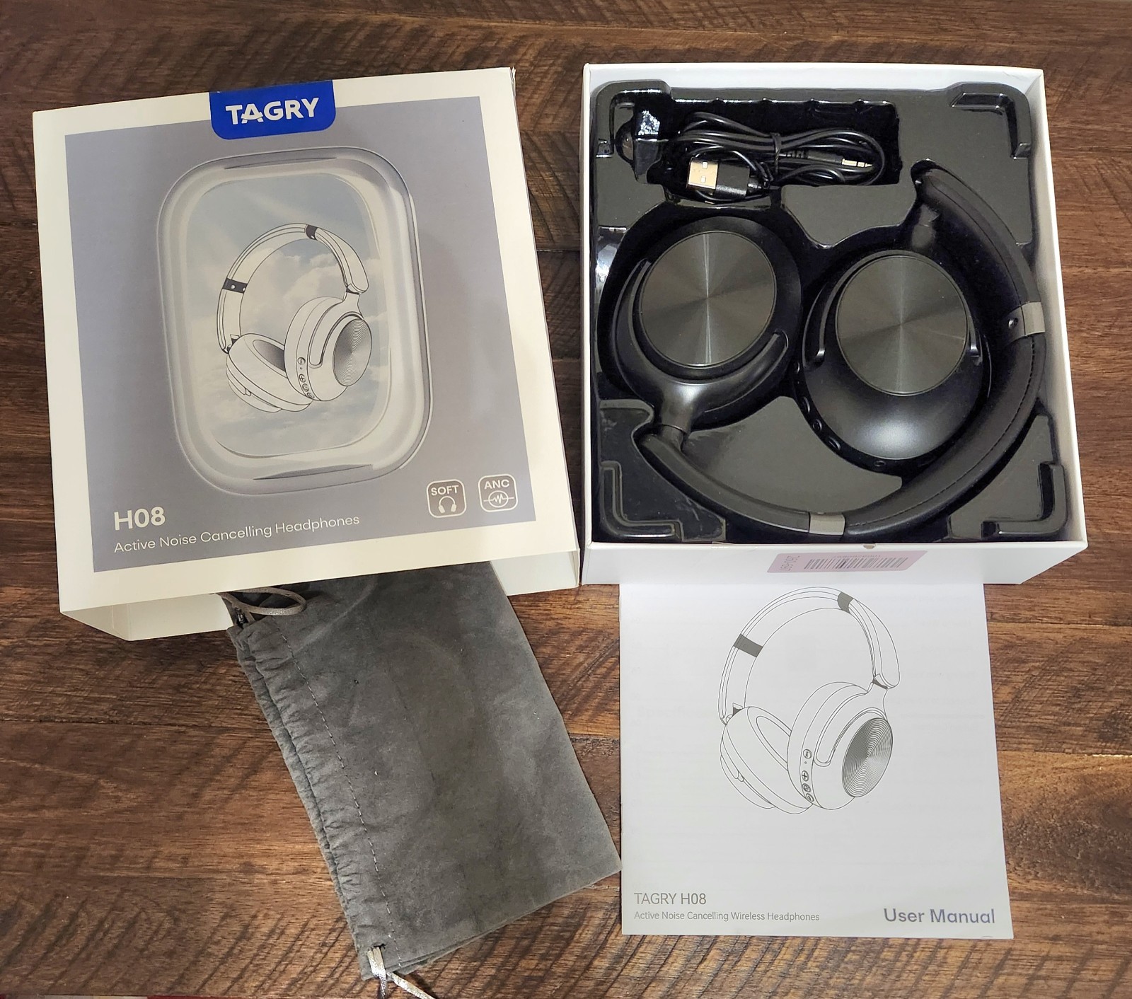 TAGRY H08 Active Noise Cancelling Bluetooth Headphones Over Ear Black New