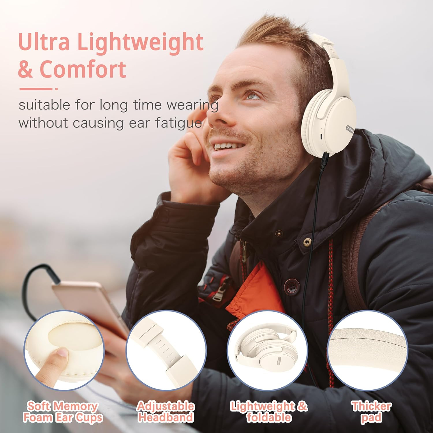 Audífonos Bluetooth diadema, 68h, plegables, blancos, con micrófono