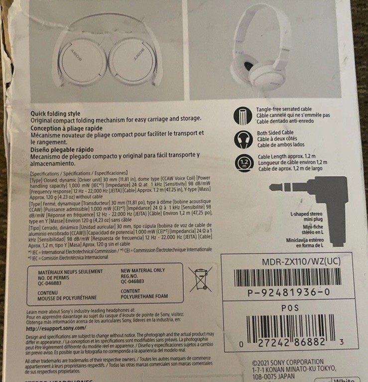 Sony MDR-ZX110 Ear-Pad (On the Ear) Headband Headphones White New Box Damaged