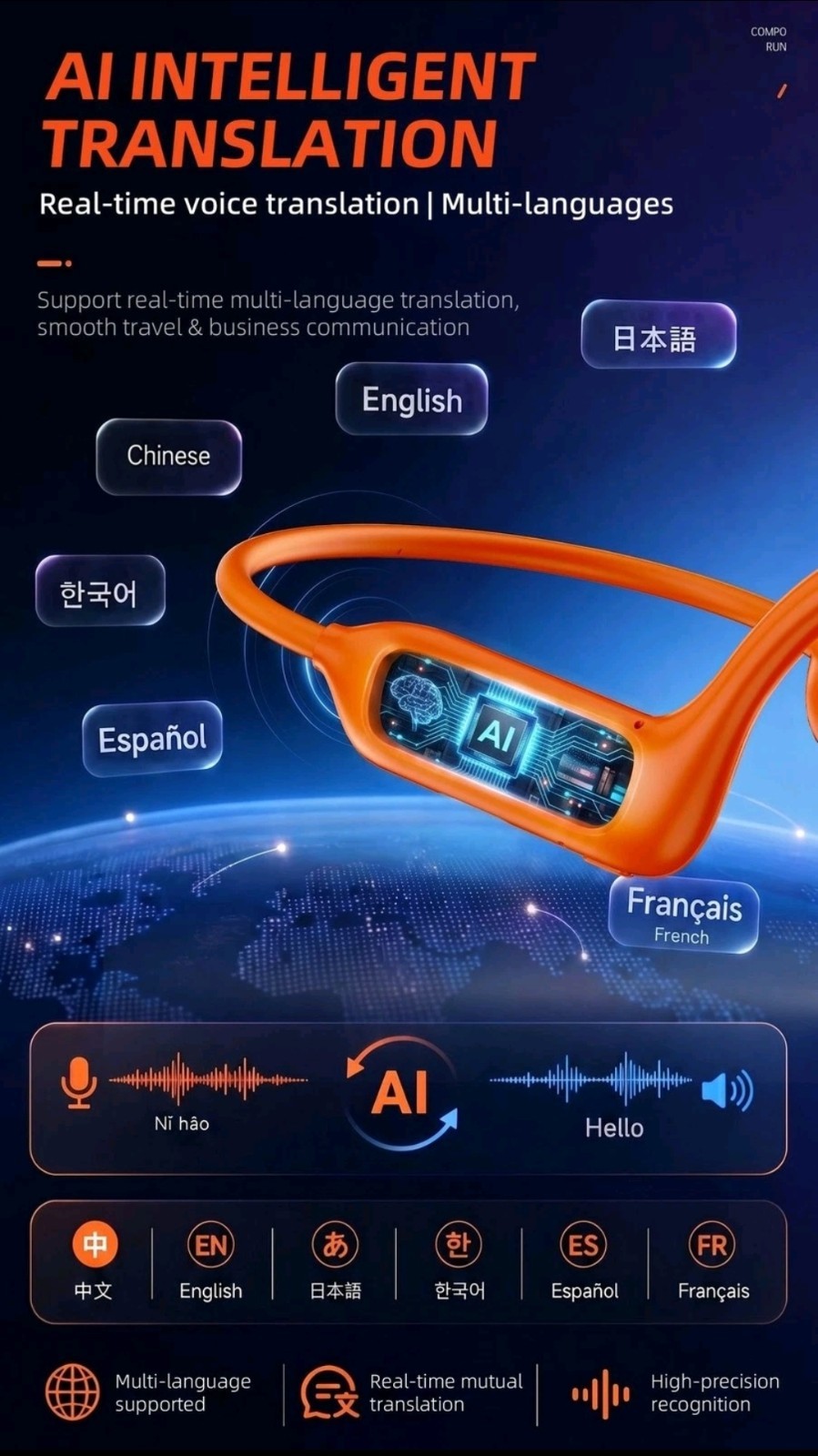 Bluetooth Headset AI Translation 800W Camera Video Photo Wireless Sports