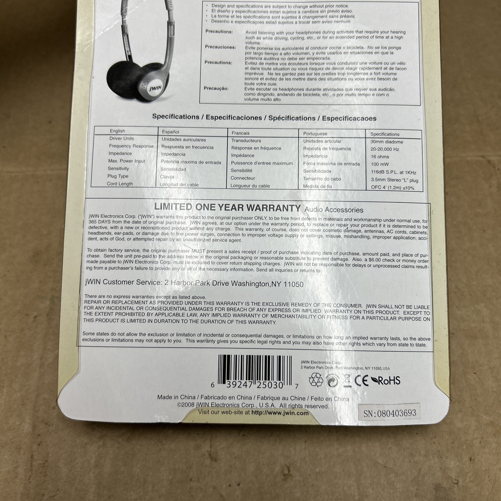 Jwin Super Bass Digital Headphones Light Weight JH-P30 New in Package
