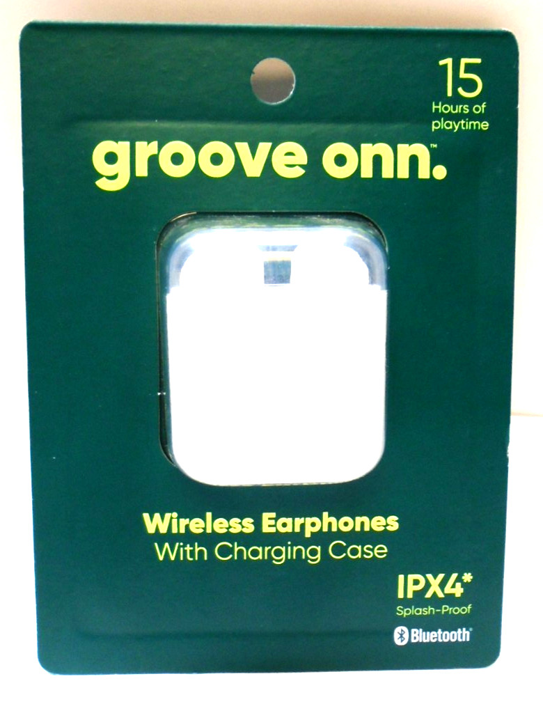 Groove Onn. Wireless Earphones W/Charging Case White IPX4 Splash-Proof Free Ship