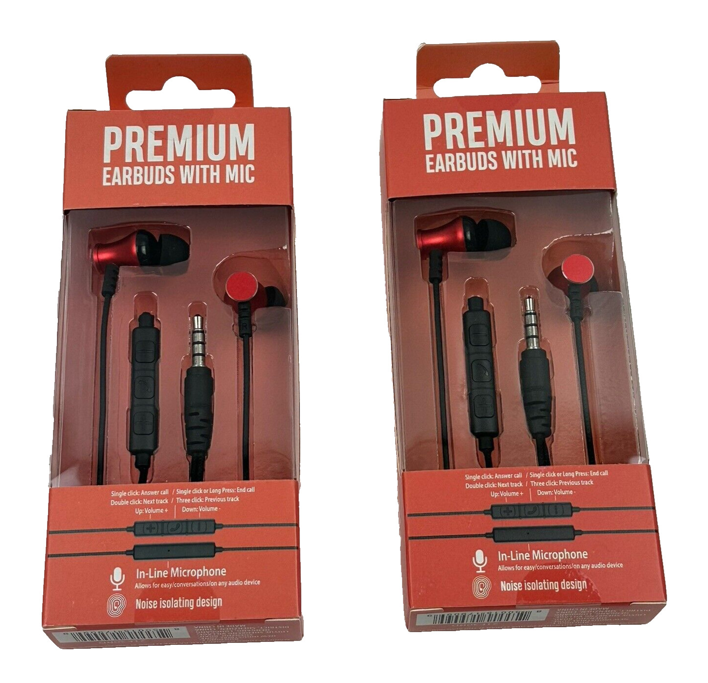 (2) Premium 35mm Wired Earbuds Headphones – Red With In Line Microphone