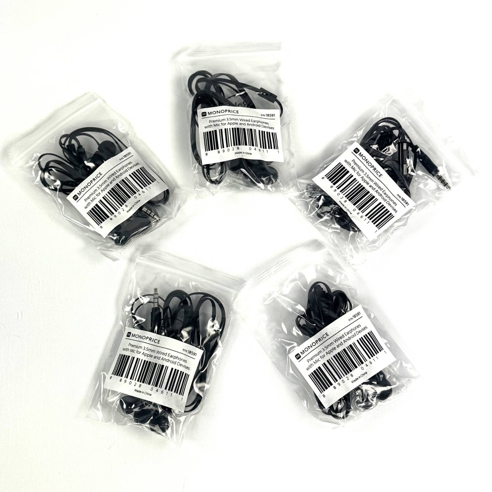 Lot of 5 Monoprice Premium 3.5mm Wired Earbuds Headphones with Microphone 18591