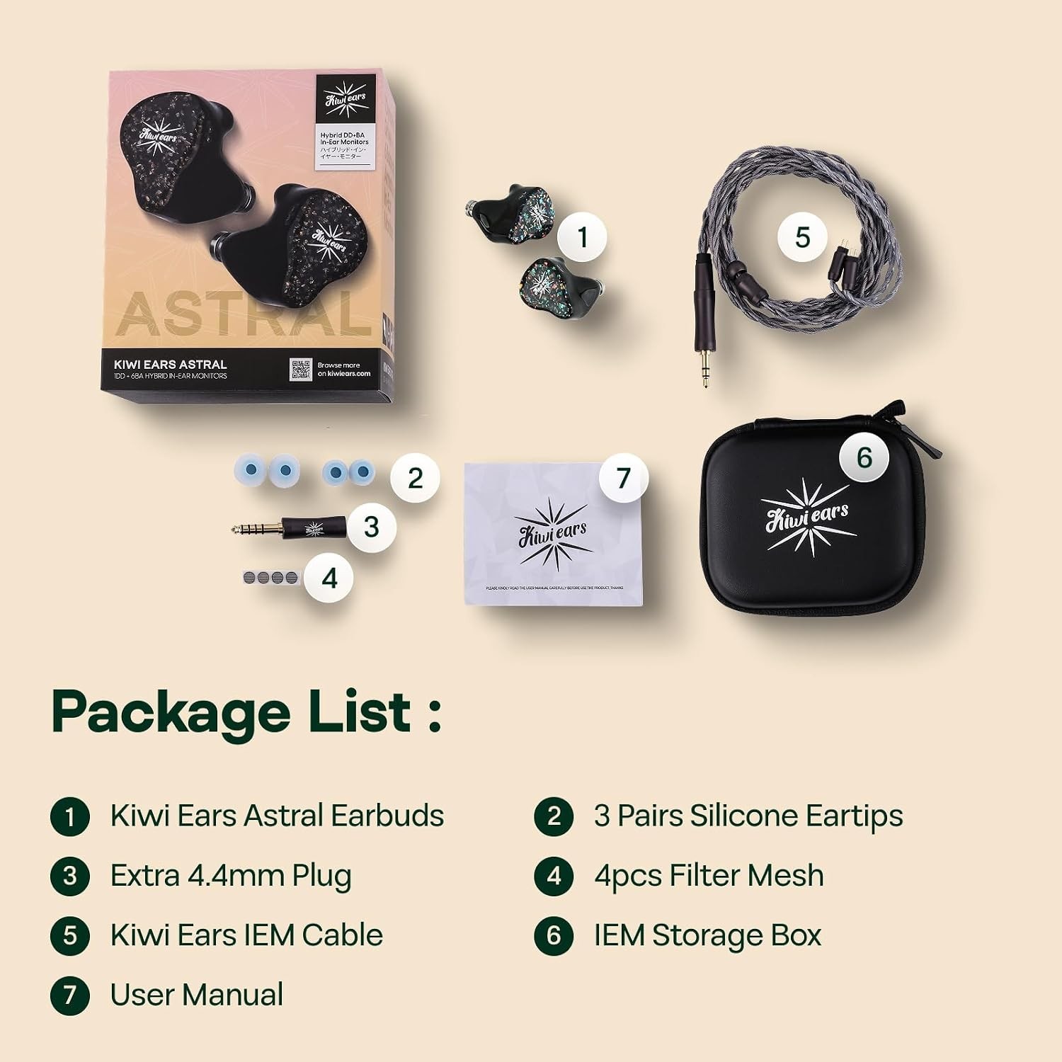 Linsoul Kiwi Ears Astral 1DD+6BA Hybrid Ear Monitor, Wired Earbuds, HiFi Studio