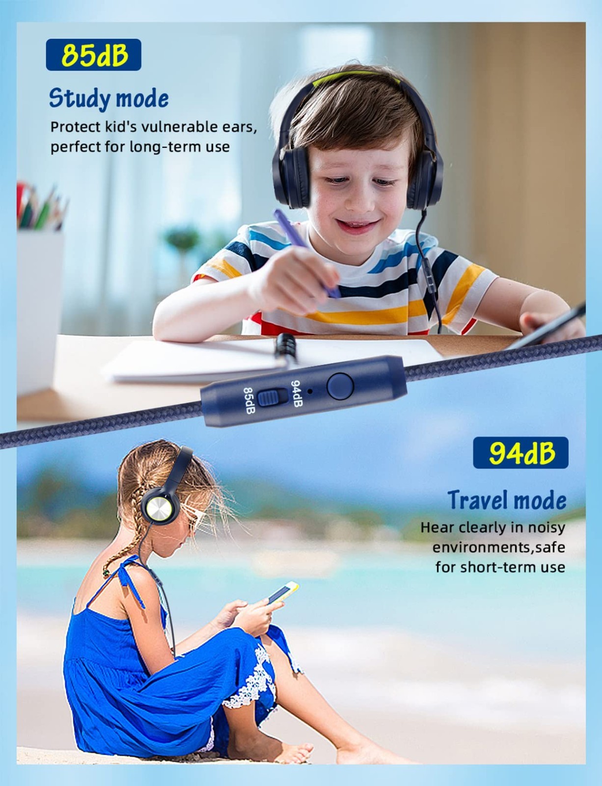 Wired Kids Headphones with Microphone, Limited Volume 85dB, Over Ear Design for