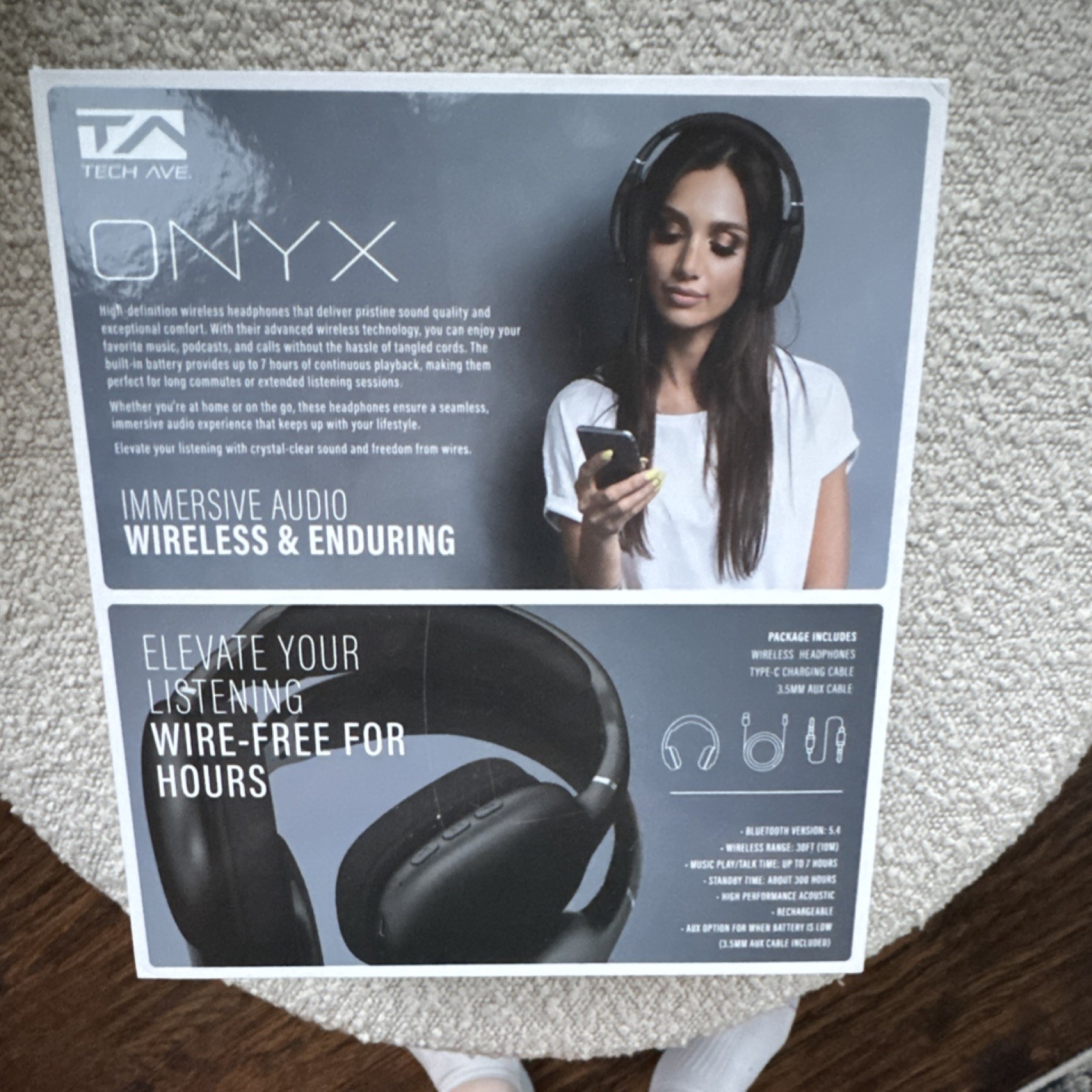 Tech Ave Onyx Wireless Bluetooth Headphones Black Noise Isolation Ultra Bass