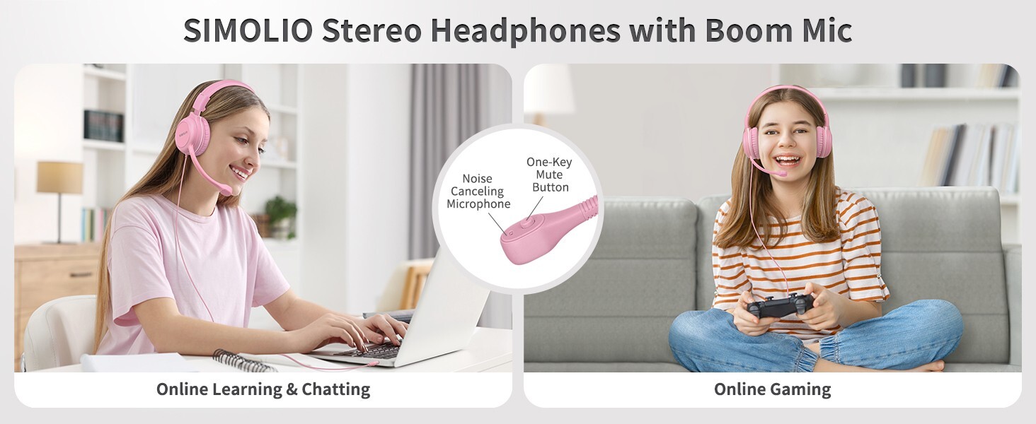 SIMOLIO 4 color Kids Headphones & Boom Microphone for School – iPad, PC, Laptop