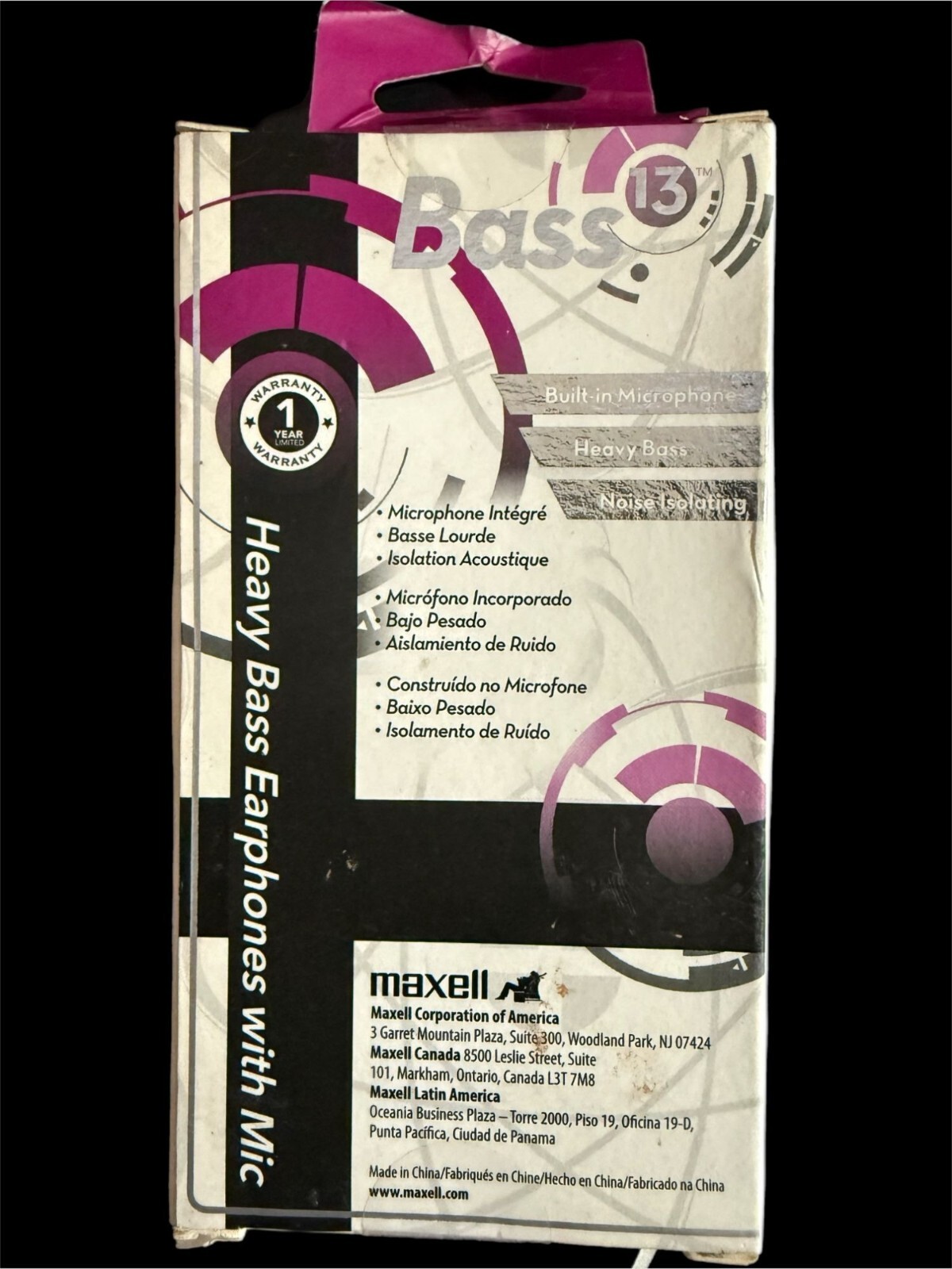 Maxell Bass 13 Heavy-Bass In-Ear Earbuds with Built-In Microphone Purple NEW