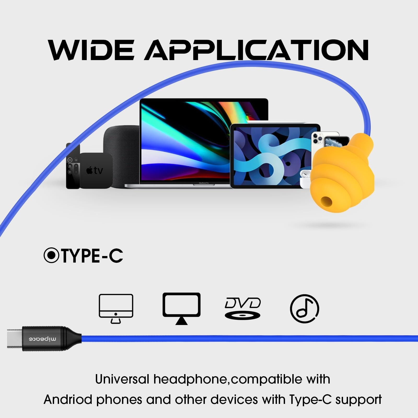 MIPEACE Ear Plug Headphones for Work, Work Earbuds USB Type C standard, Blue