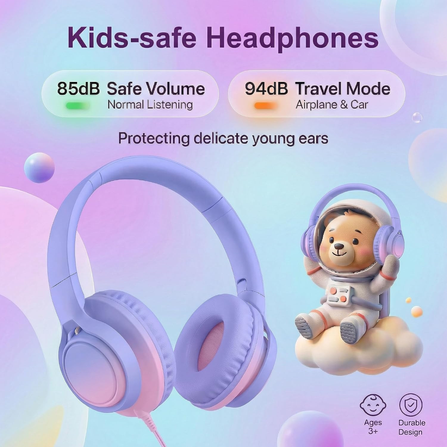 Kids Over-Ear Headphones, 85/94Db, Mic, USB-C Adapter, Pink | 85/94Db Volume Con
