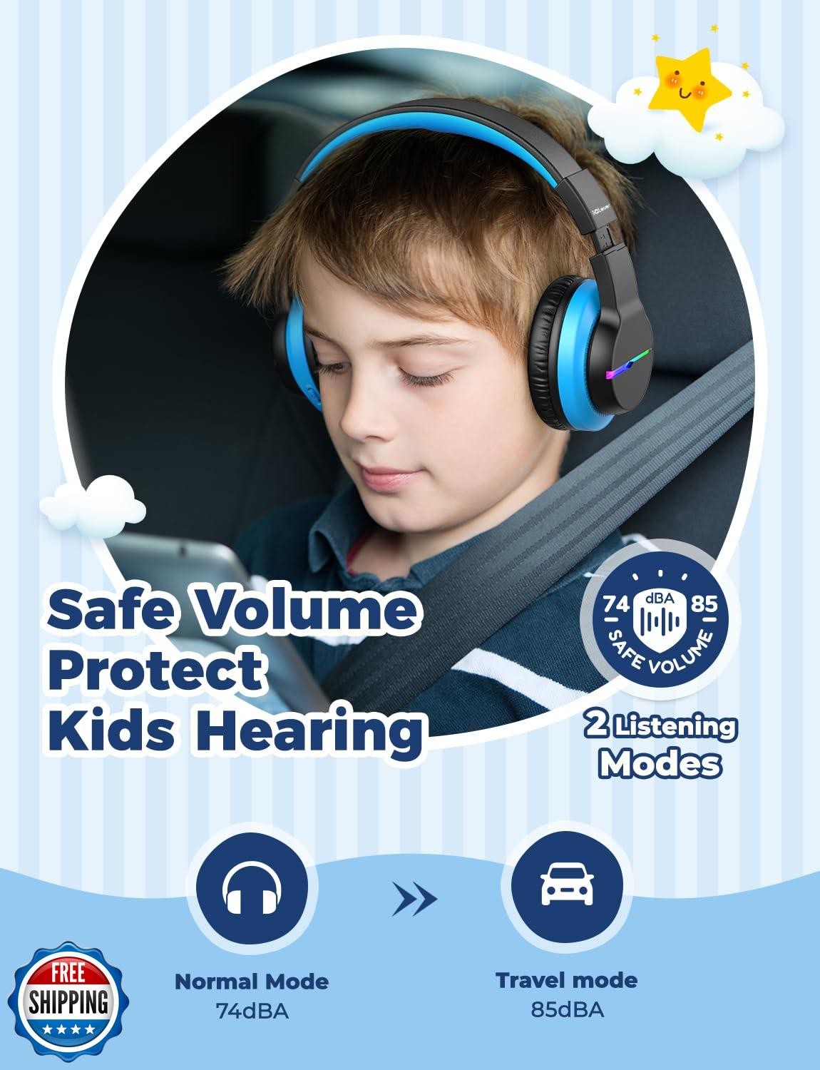 iClever BTH12 Kids Bluetooth Headphones 2 Pack,Colorful LED Lights,74/85dBA S