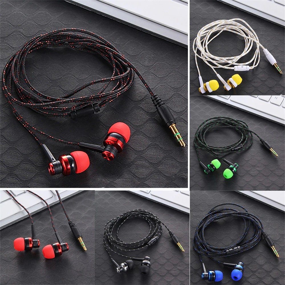 Corded Earbuds Tangle-Free Braided Cable Wire Extra Bass Silicone Tips Mic