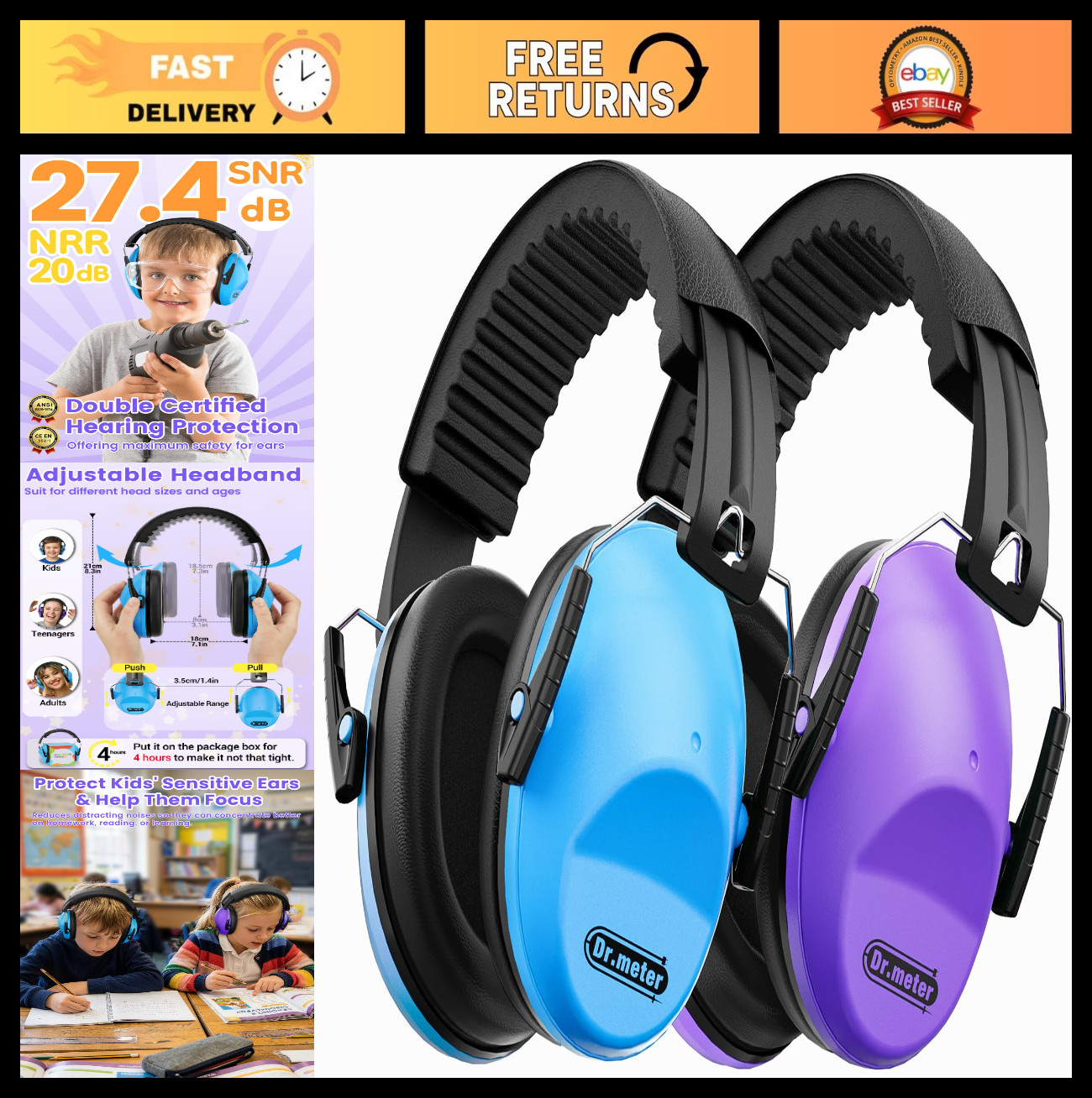 Noise Cancelling Headphones 2 Pack – Adjustable Ear Muffs for Kids & Adults, SNR
