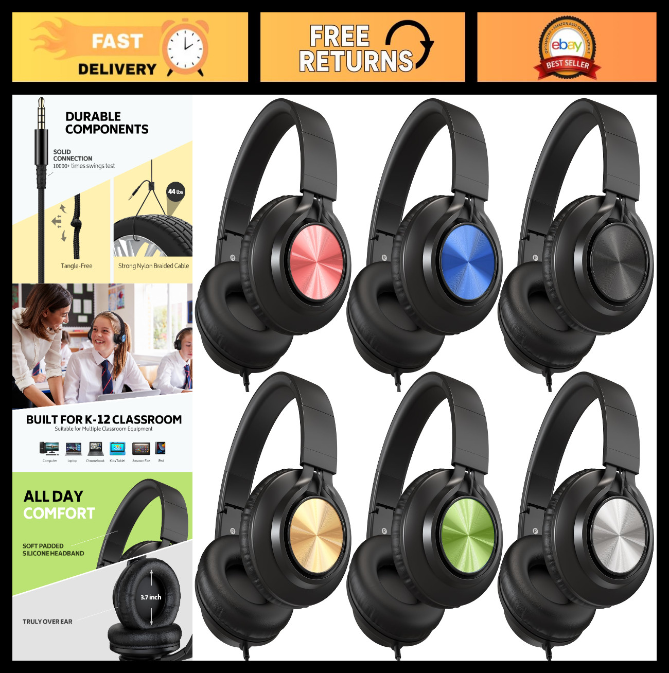 Kids Headphones 6-Pack Wired with Microphone for School, Classroom, Laptop – Adj