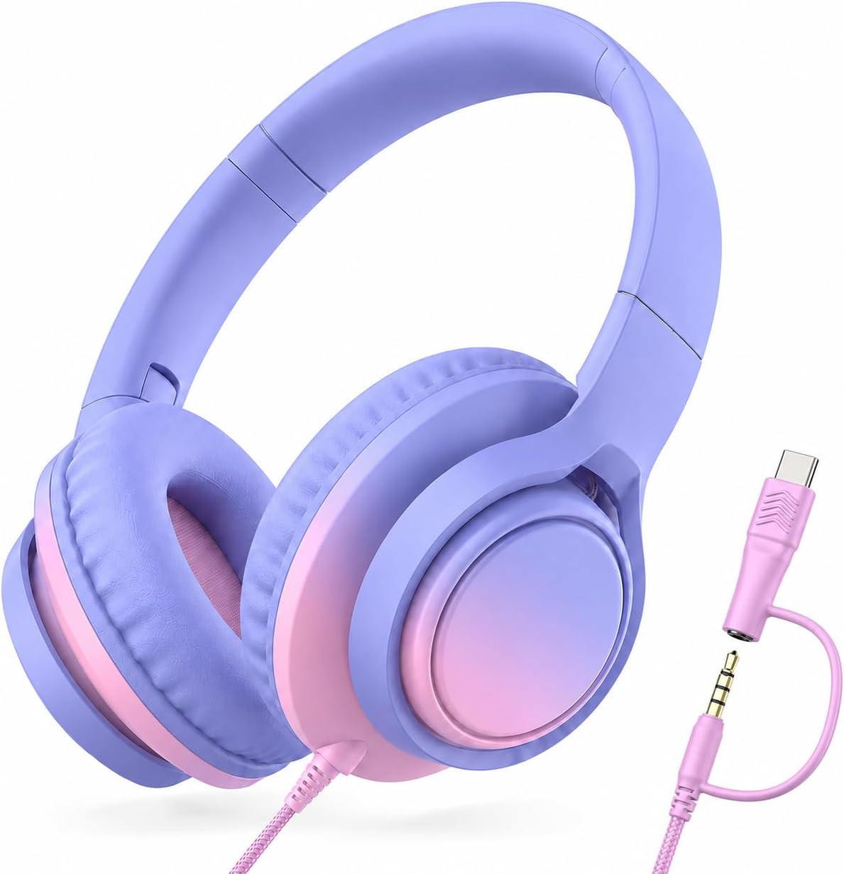 Kids Over-Ear Headphones, 85/94Db, Mic, USB-C Adapter, Pink | 85/94Db Volume Con