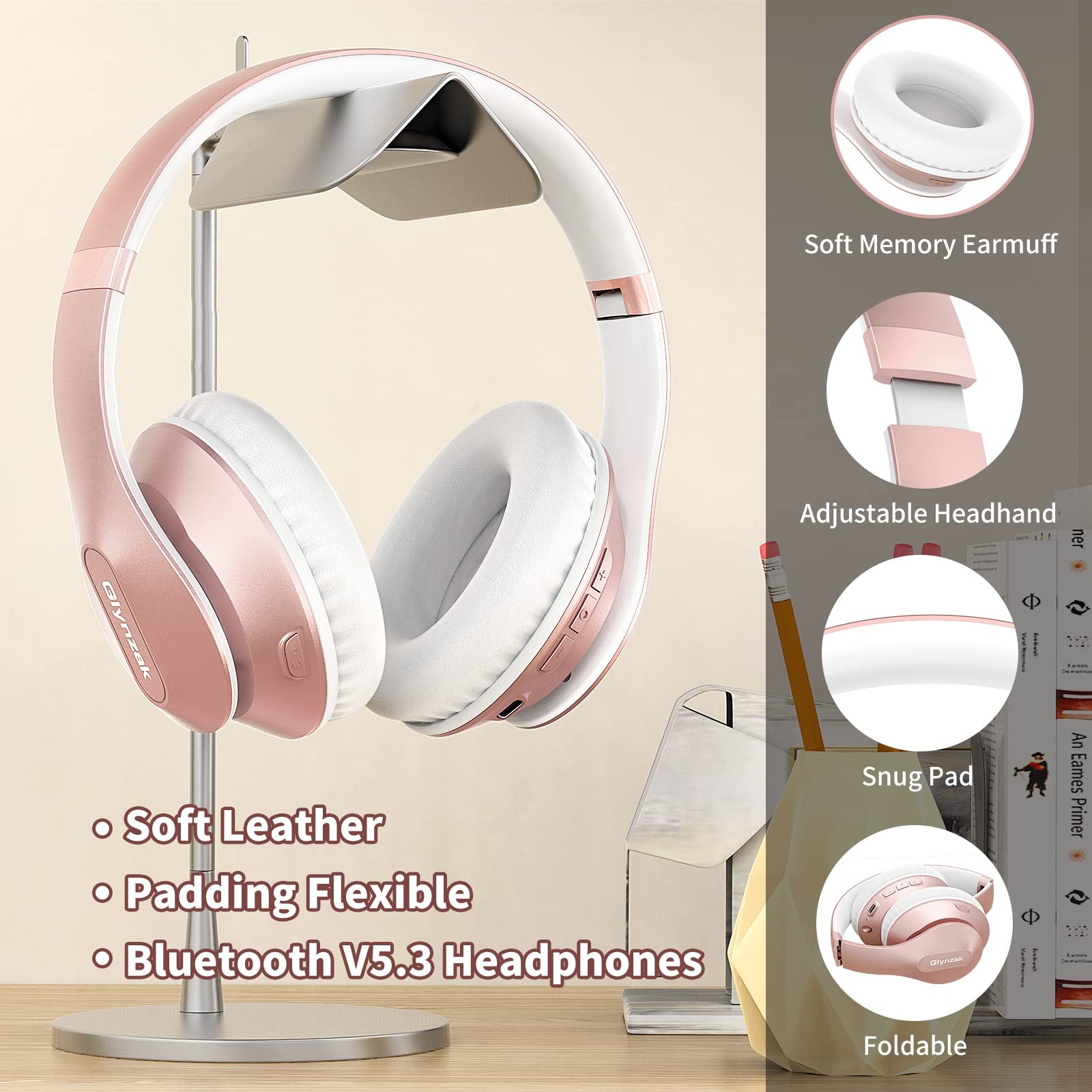 Wireless Bluetooth 6.0 Headphones Over Ear 65H Playtime 6 EQ Mic Rose Gold