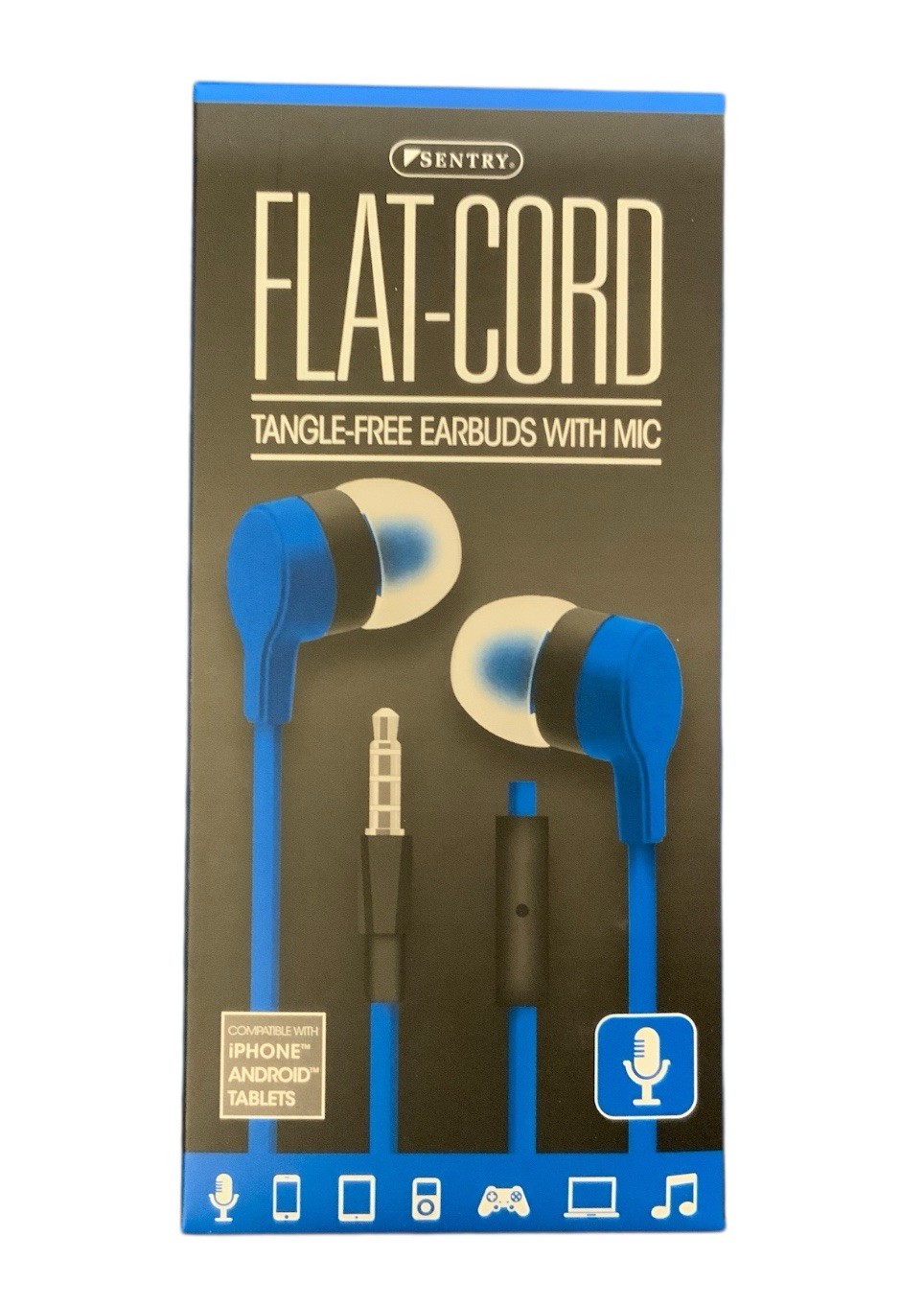Sentry Flat-Cord Tangle-Free Earbuds With Mic 3.5mm Jack 4ft Cord Blue NEW