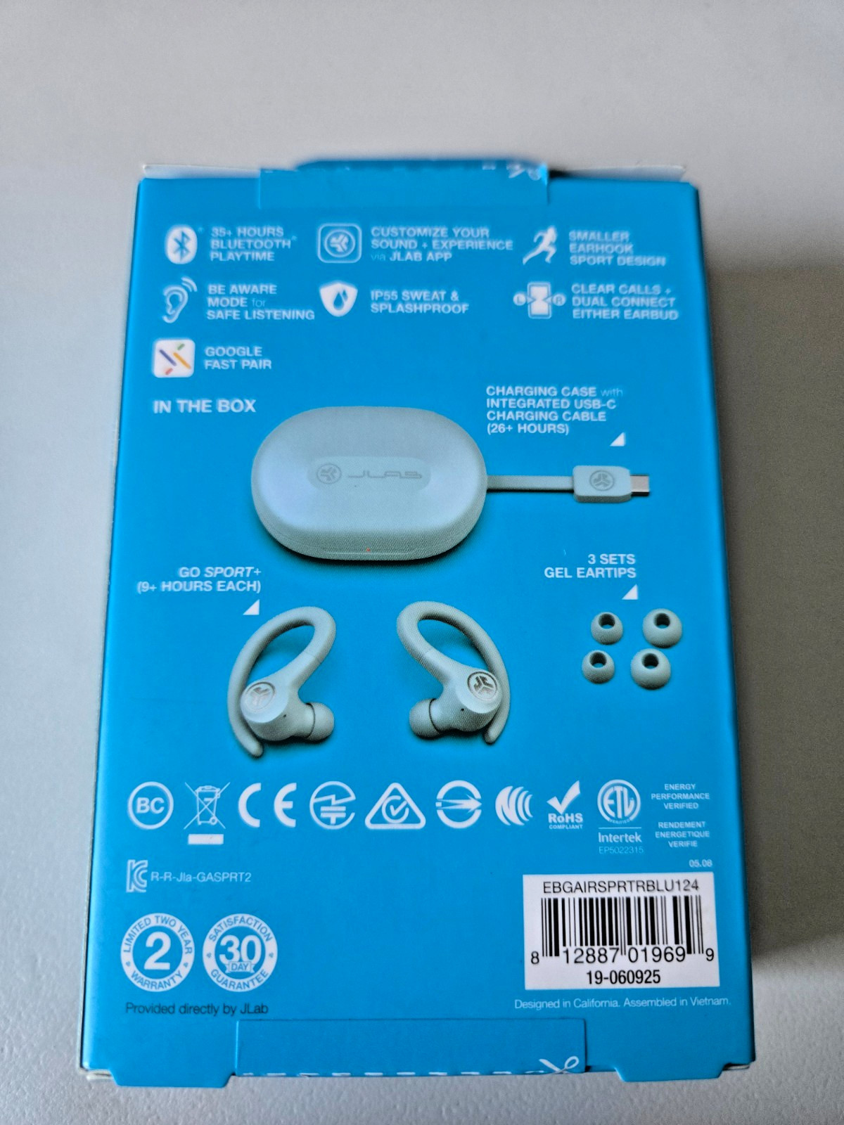 NEW JLab Go Sport+ True Wireless Bluetooth Earbuds Charging Case, Light Blue