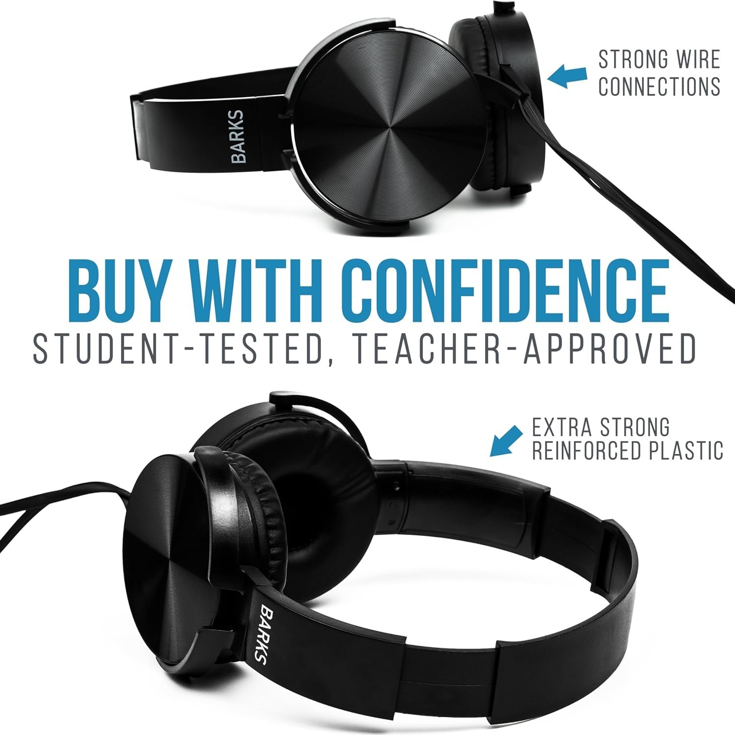 Barks Classroom Headphones w/ Mic – Sapphire, School Use, On-Ear Black Pack12