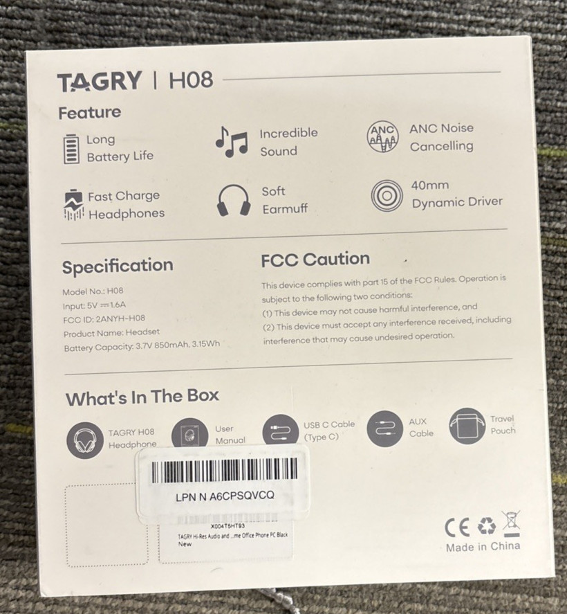 TAGRY H08 Active Noise Cancelling Headphones Over Ear Bluetooth – Black