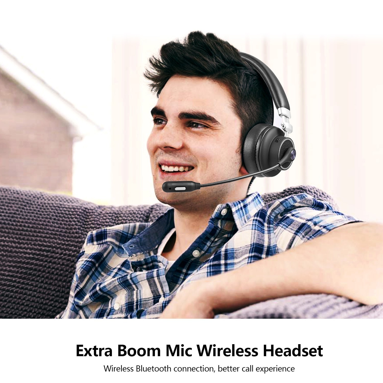 Wireless Bluetooth Headset Noise Canceling Headphones Over Head Boom with Mic