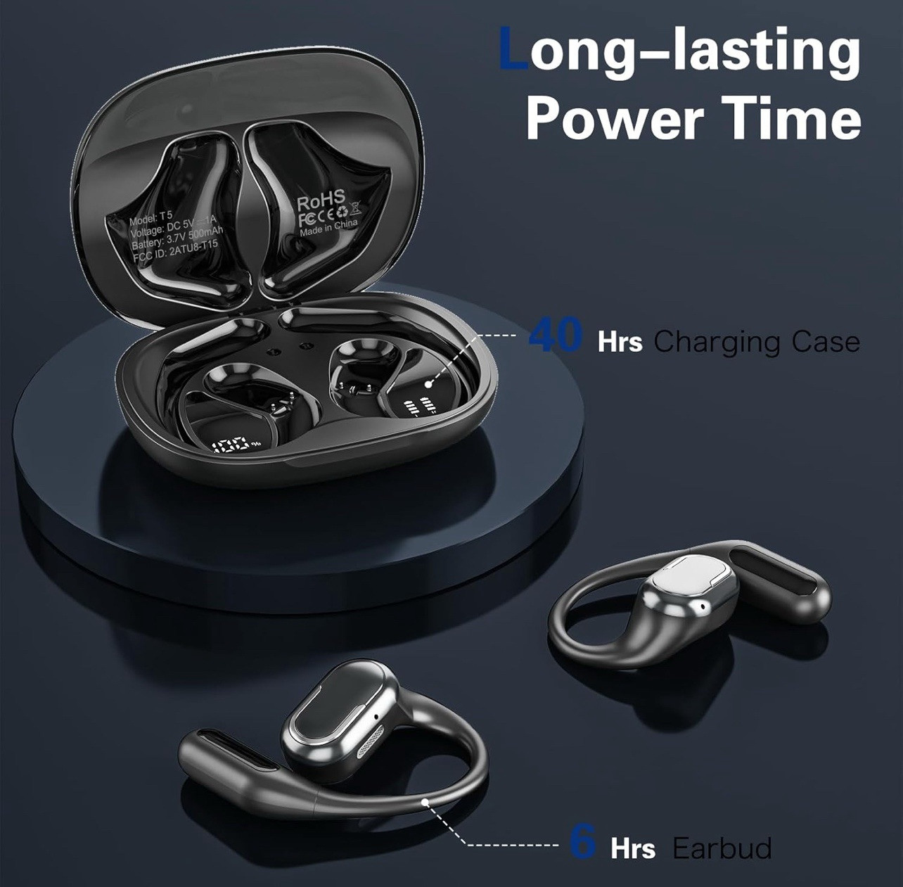 Open-Ear Bluetooth 5.4 Headphones Wireless Earbuds Sport Headset Touch Screen