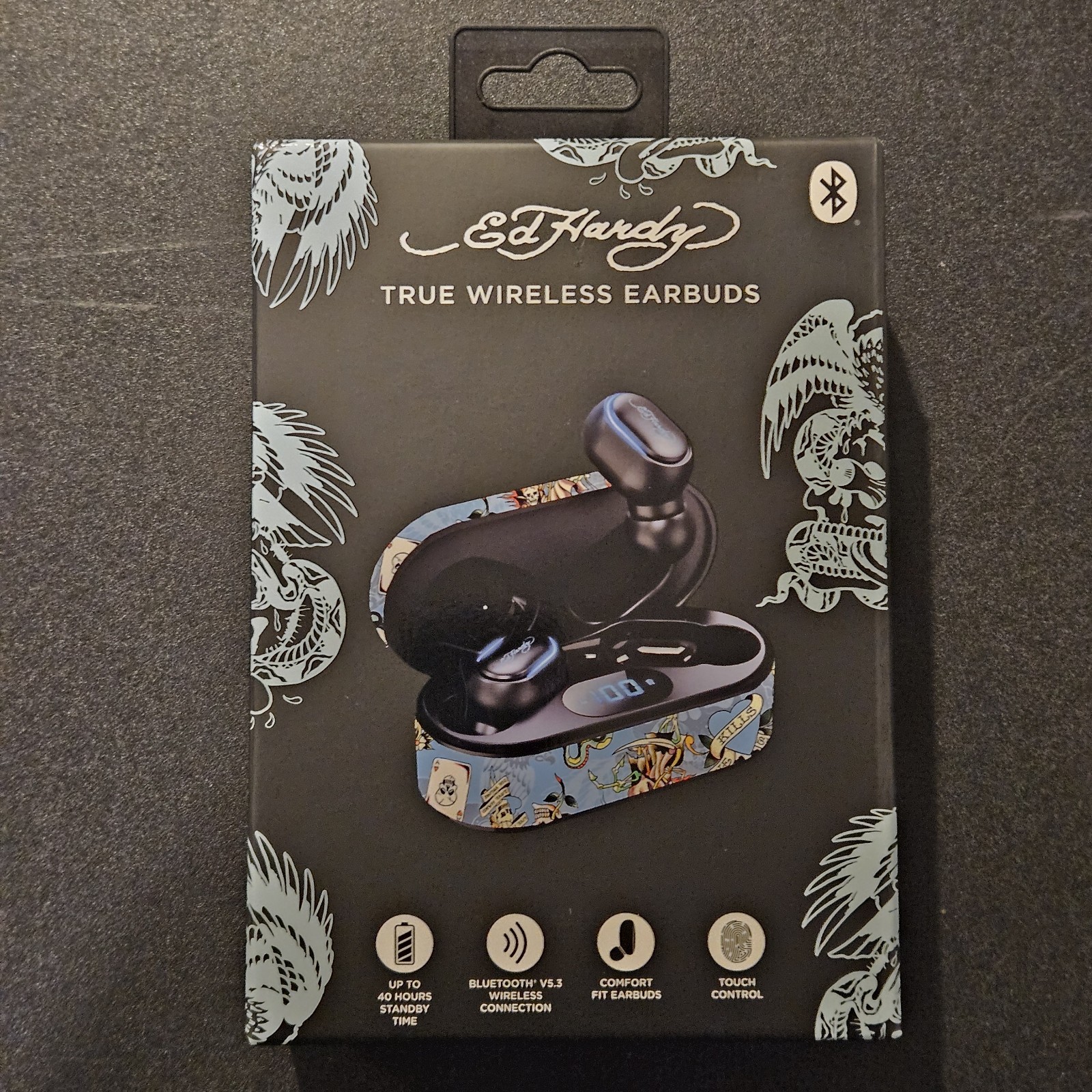 Ed Hardy True Wireless Bluetooth Earbuds Black with Blue Charging Case