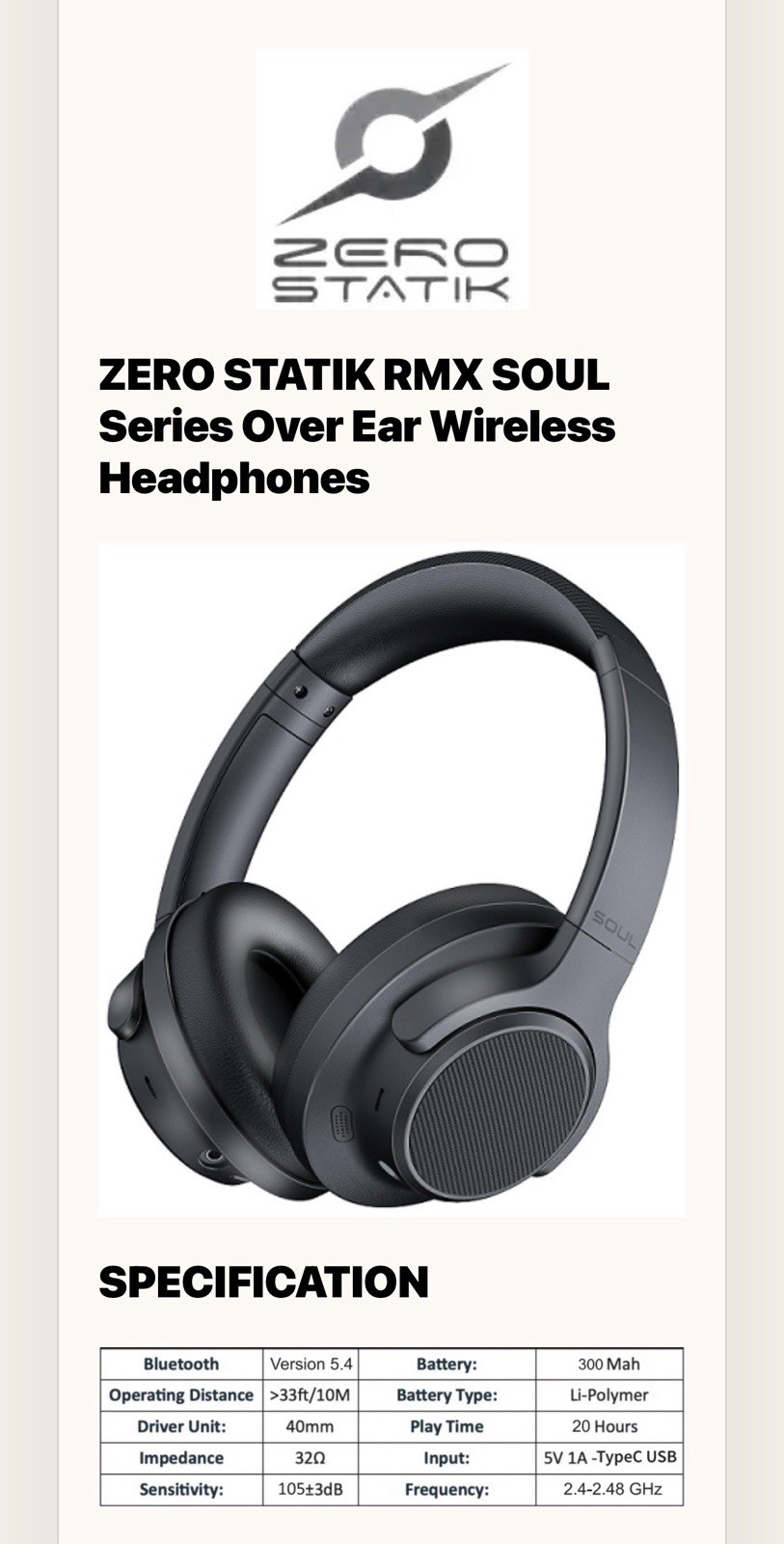 ZERO STATIK ANC Premium Headphones Headphones Color:Black 48 HRS Music