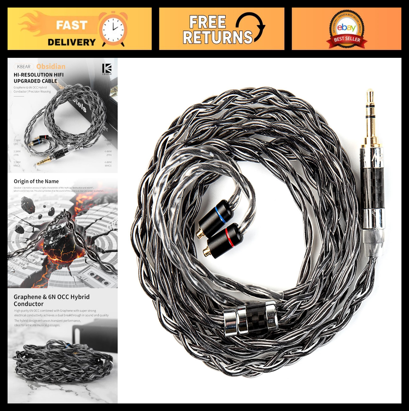 Hi-Res Graphene 6N OCC Hybrid IEM Cable, 4 Strand 196-Core Earphone Wire, 3.94ft