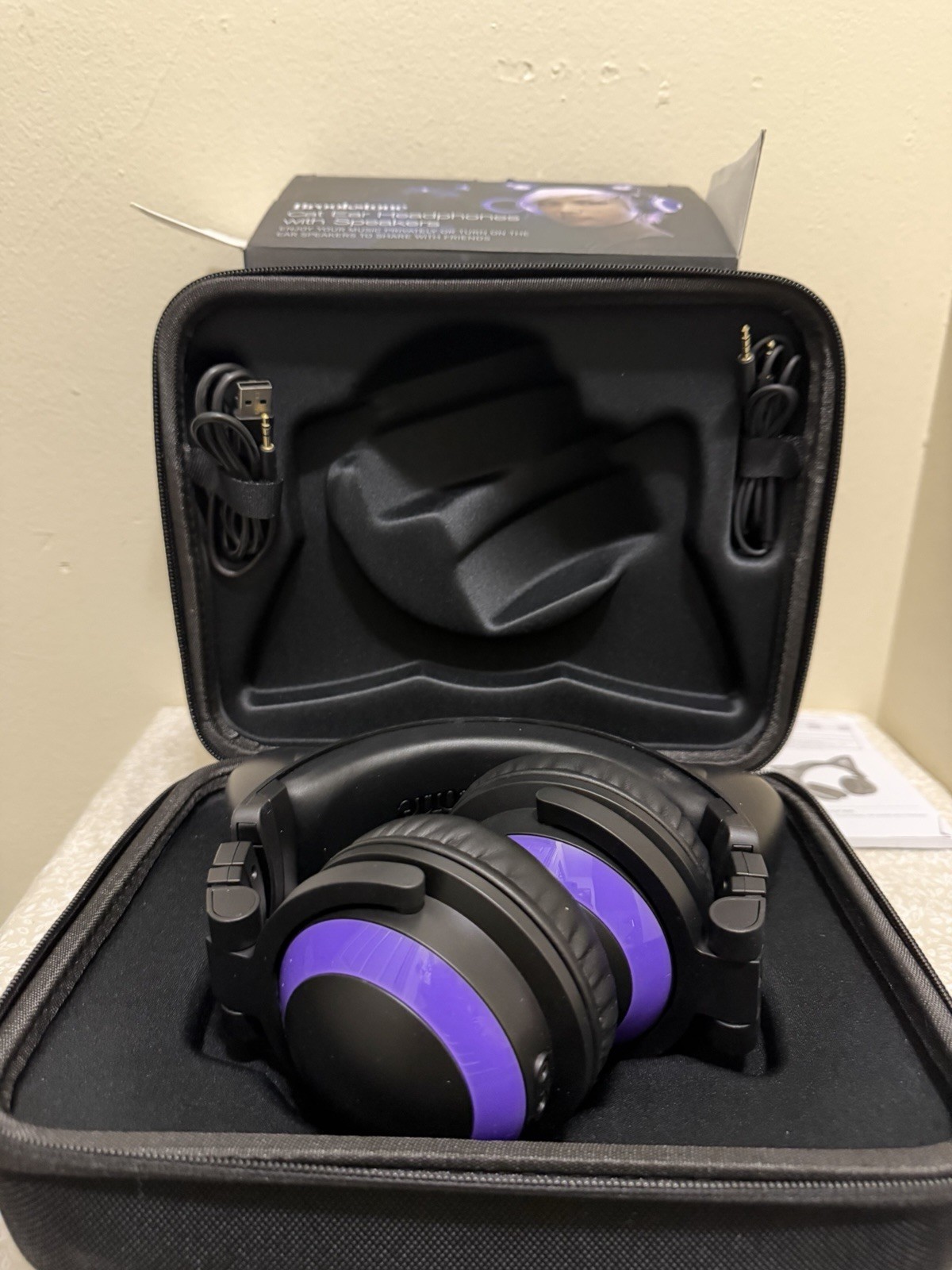 Brookstone Purple Black Cat Ear Headphones w/ Storage Case and Micro USB Cable