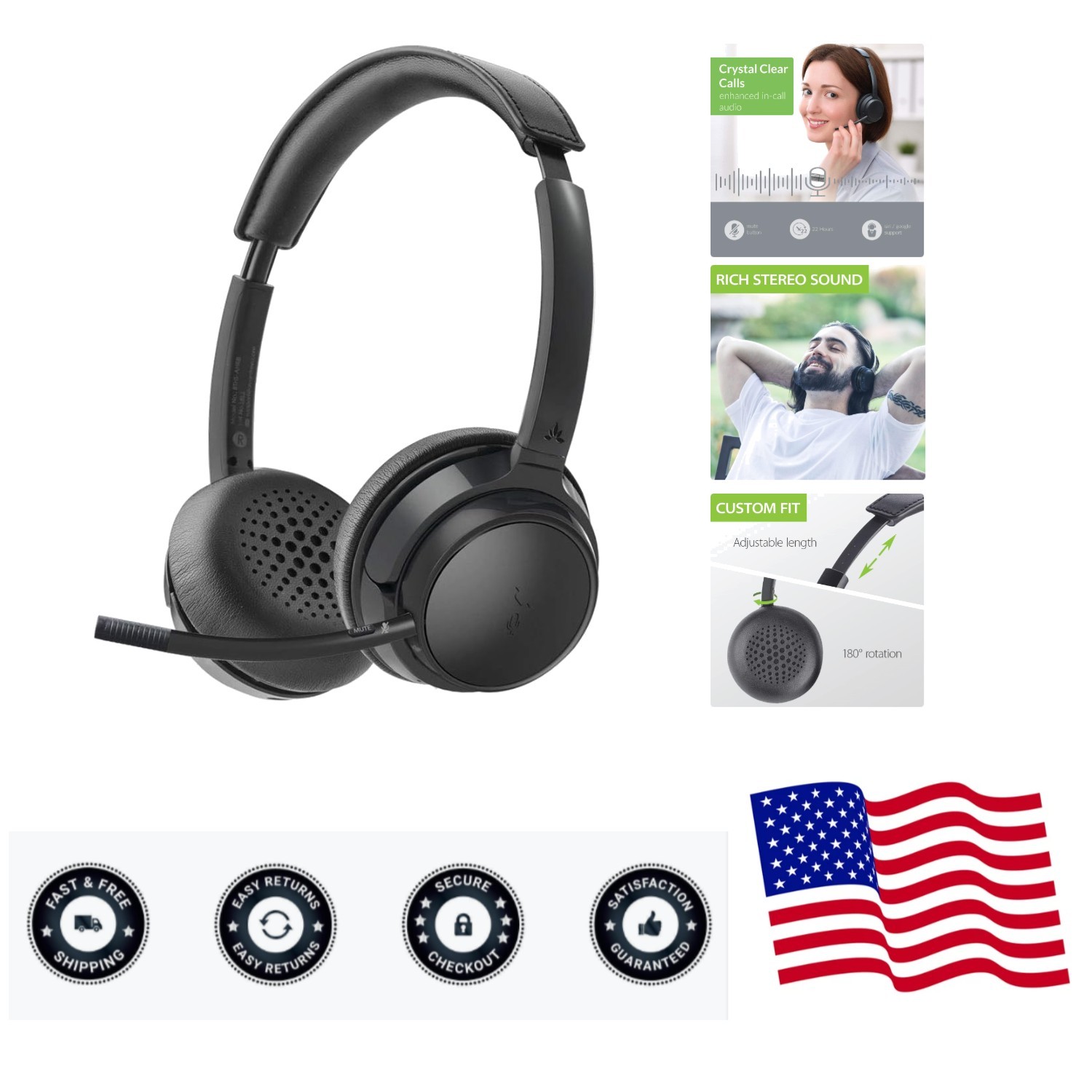 AH6B Bluetooth On Ear Headphones with Detachable Mic for Power & Comfort