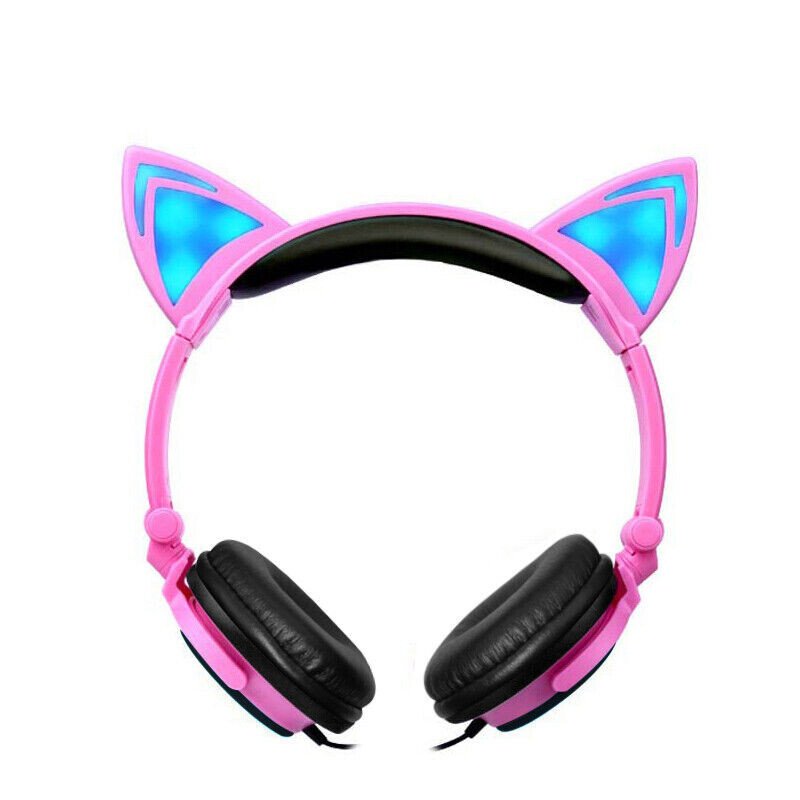 Kids 3.5mm Headphone Earphone On Ear Wired LED Cat Ears Stereo Headsets for Girl